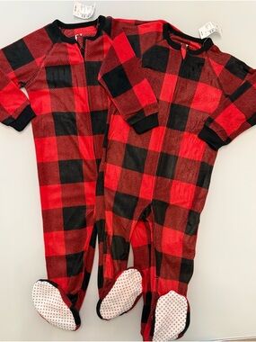 Kids Red and Black Buffalo Plaid One-Piece Footed Pajamas
